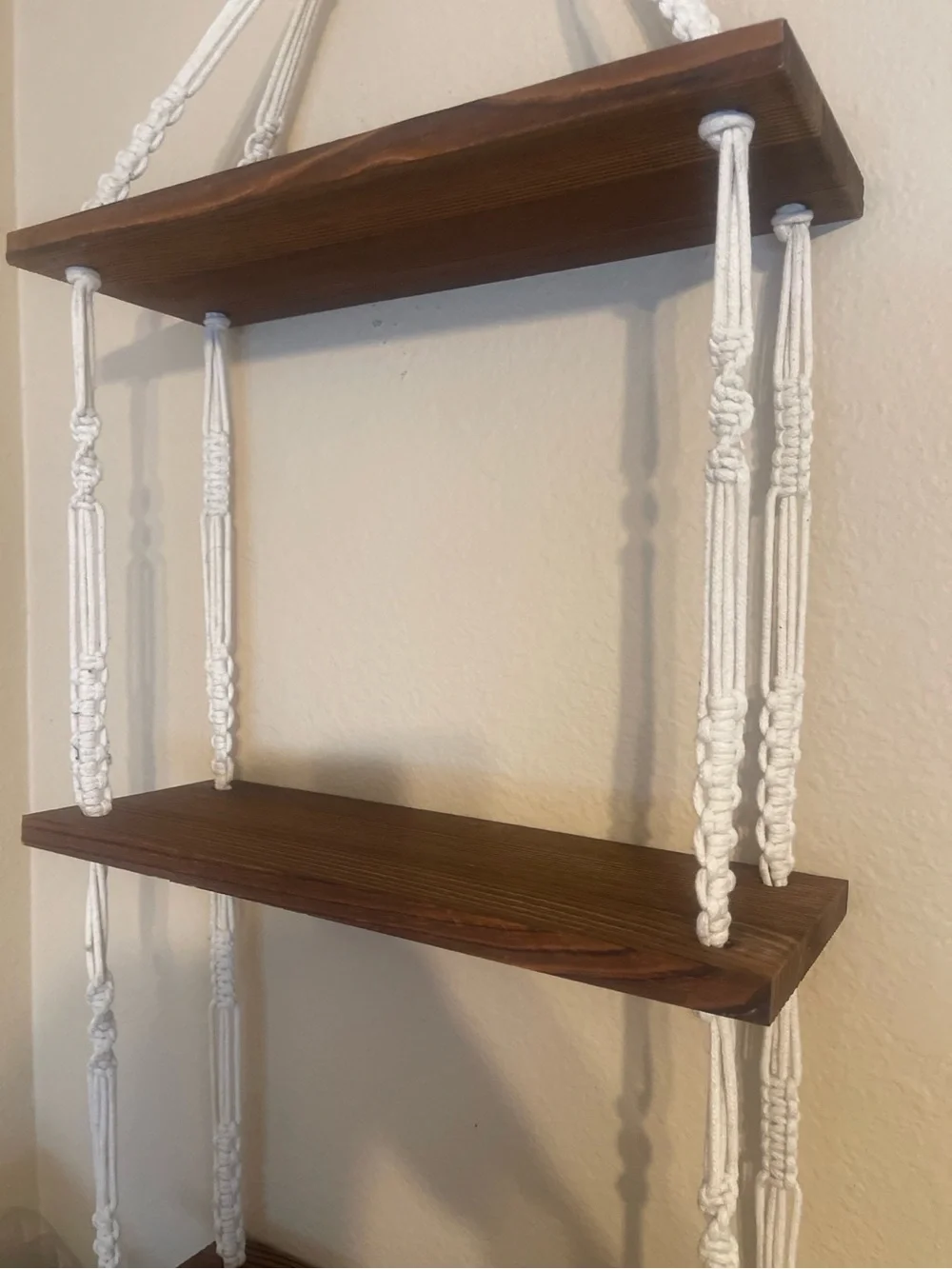 Boho White Macramé Hanging Wall Shelf with Dark Wood Panels